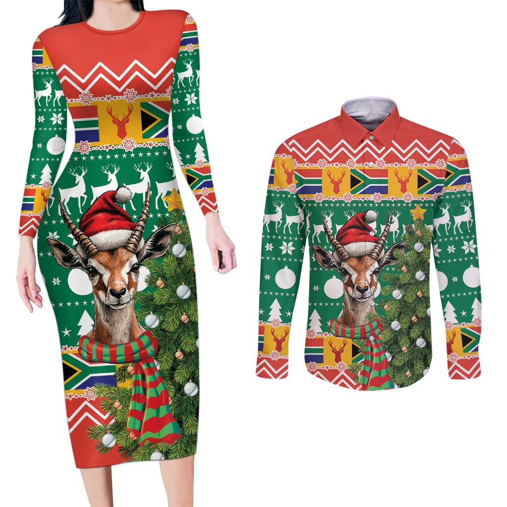 South Africa Christmas Couples Matching Long Sleeve Bodycon Dress and Long Sleeve Button Shirt Springbok With Christmas Tree - Wonder Print Shop