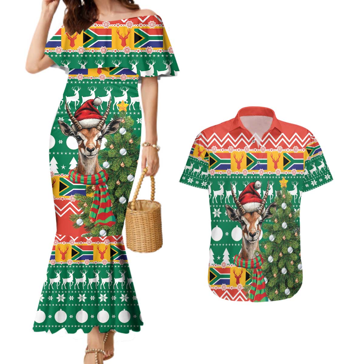 South Africa Christmas Couples Matching Mermaid Dress and Hawaiian Shirt Springbok With Christmas Tree - Wonder Print Shop