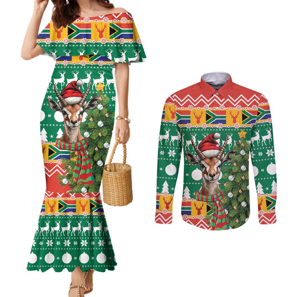 South Africa Christmas Couples Matching Mermaid Dress and Long Sleeve Button Shirt Springbok With Christmas Tree