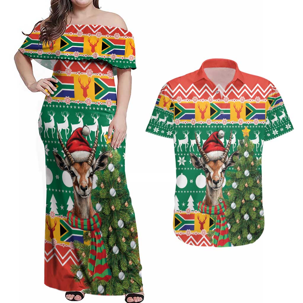 South Africa Christmas Couples Matching Off Shoulder Maxi Dress and Hawaiian Shirt Springbok With Christmas Tree - Wonder Print Shop