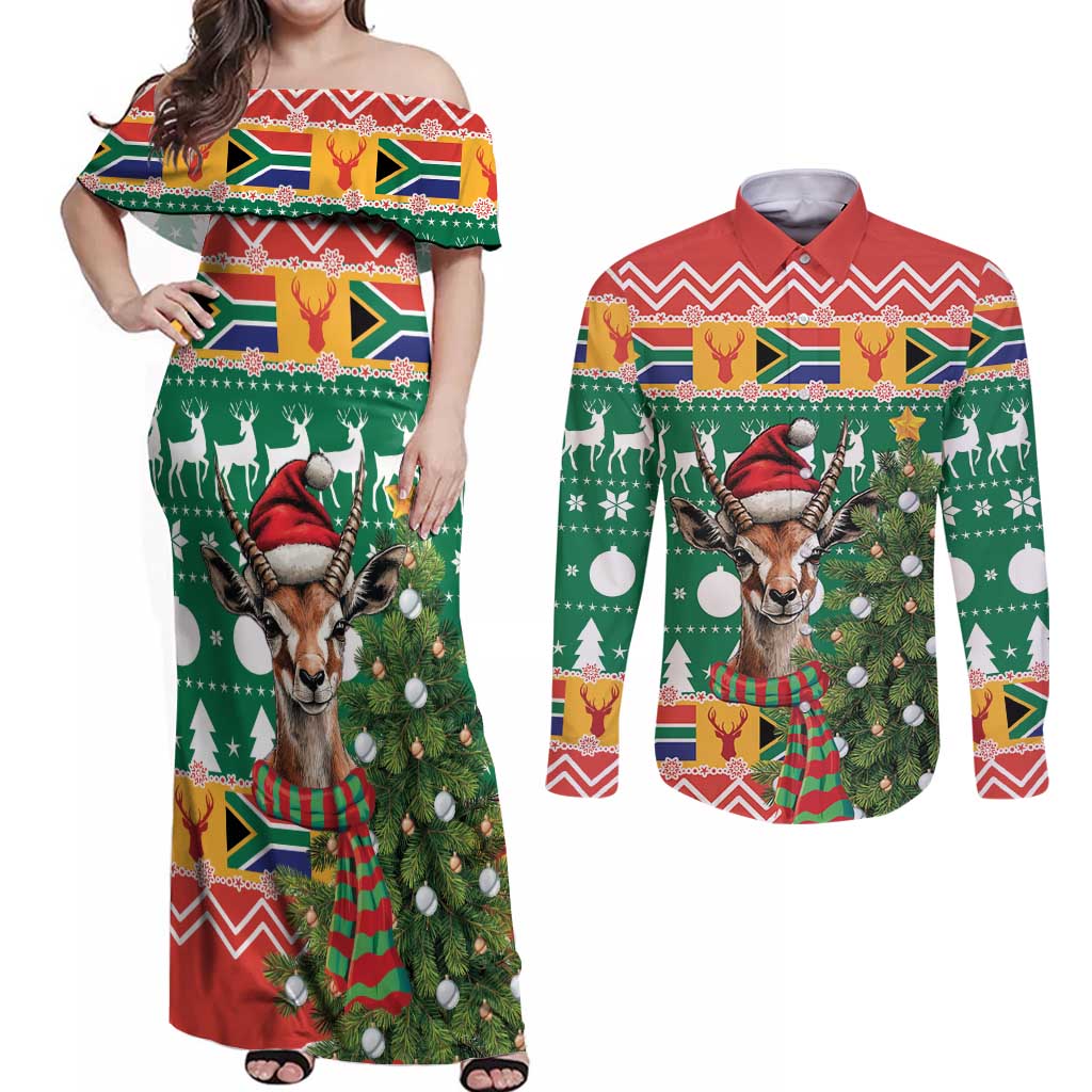 South Africa Christmas Couples Matching Off Shoulder Maxi Dress and Long Sleeve Button Shirt Springbok With Christmas Tree - Wonder Print Shop