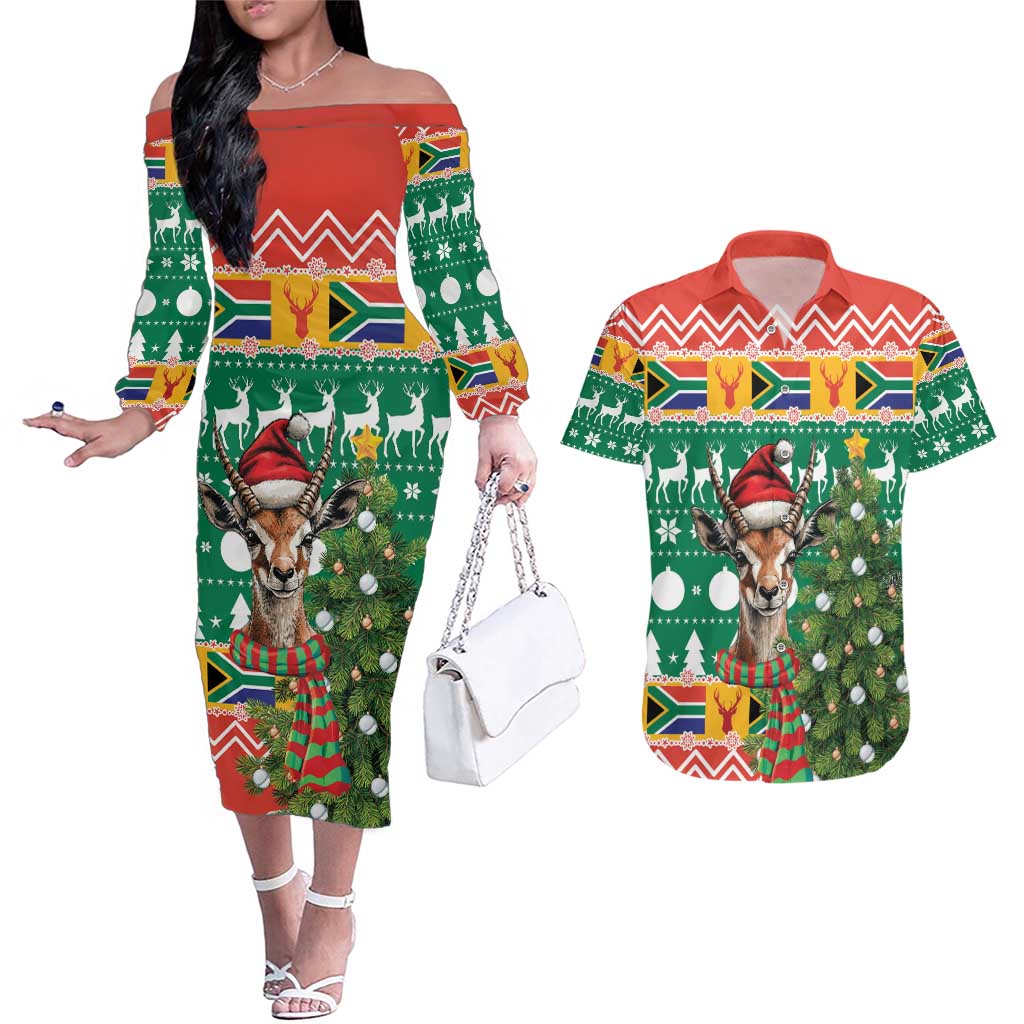 South Africa Christmas Couples Matching Off The Shoulder Long Sleeve Dress and Hawaiian Shirt Springbok With Christmas Tree - Wonder Print Shop