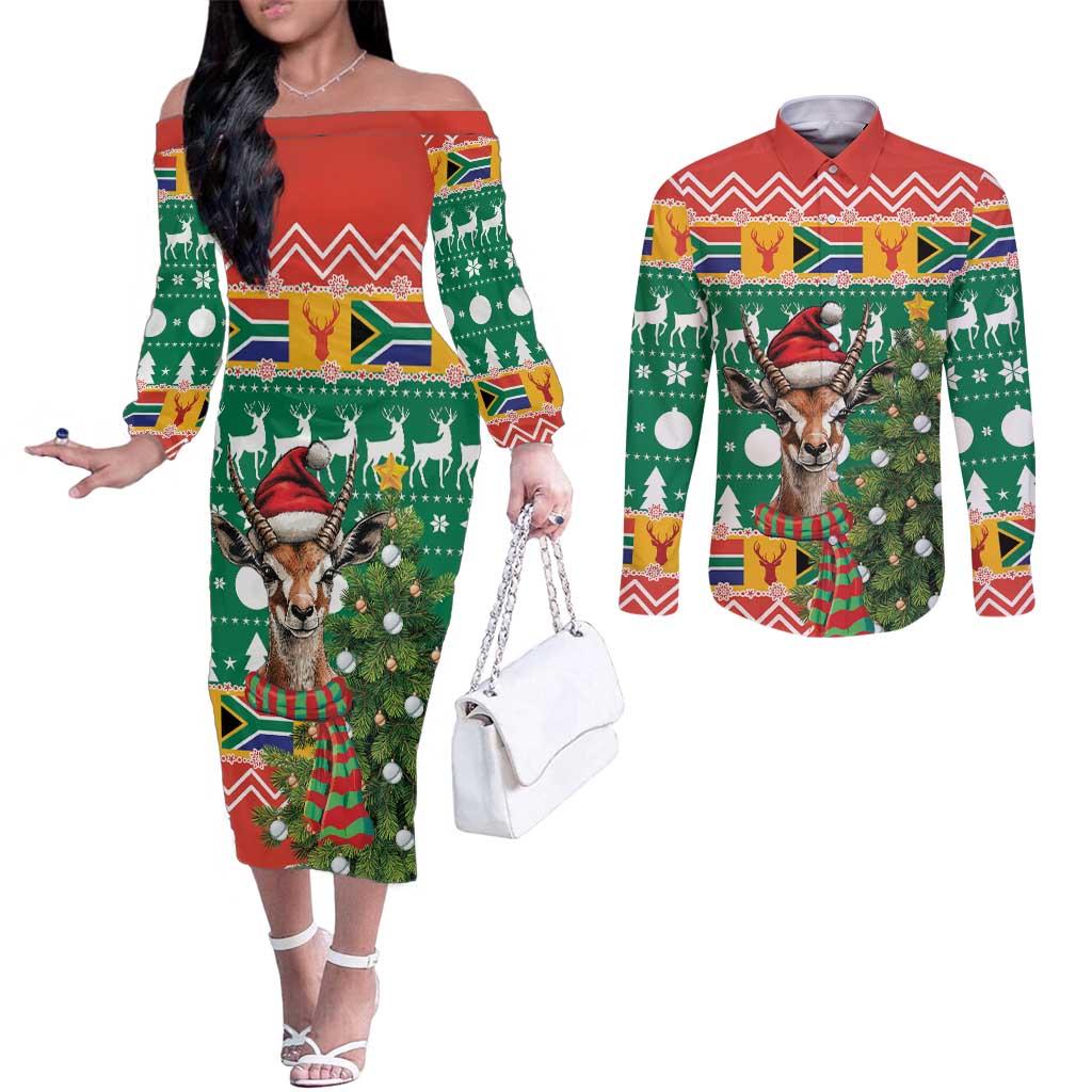 South Africa Christmas Couples Matching Off The Shoulder Long Sleeve Dress and Long Sleeve Button Shirt Springbok With Christmas Tree