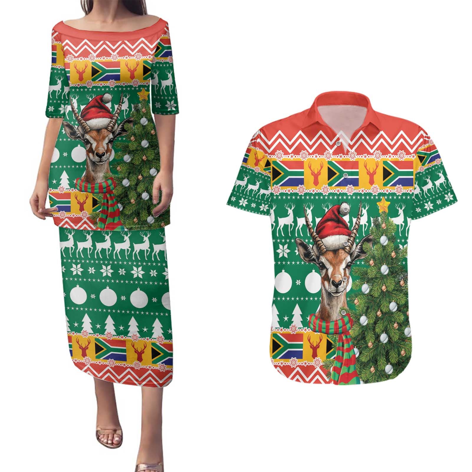 South Africa Christmas Couples Matching Puletasi and Hawaiian Shirt Springbok With Christmas Tree - Wonder Print Shop