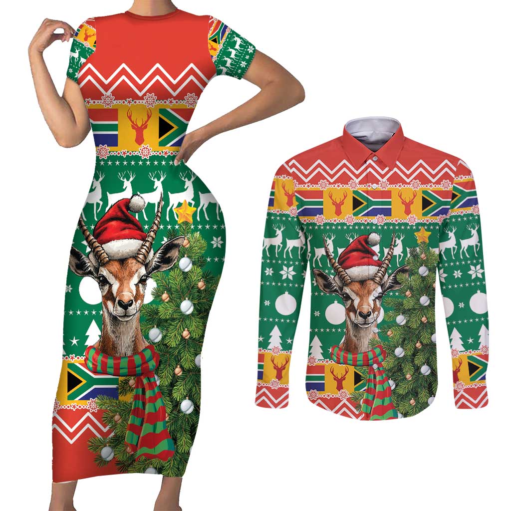 South Africa Christmas Couples Matching Short Sleeve Bodycon Dress and Long Sleeve Button Shirt Springbok With Christmas Tree - Wonder Print Shop