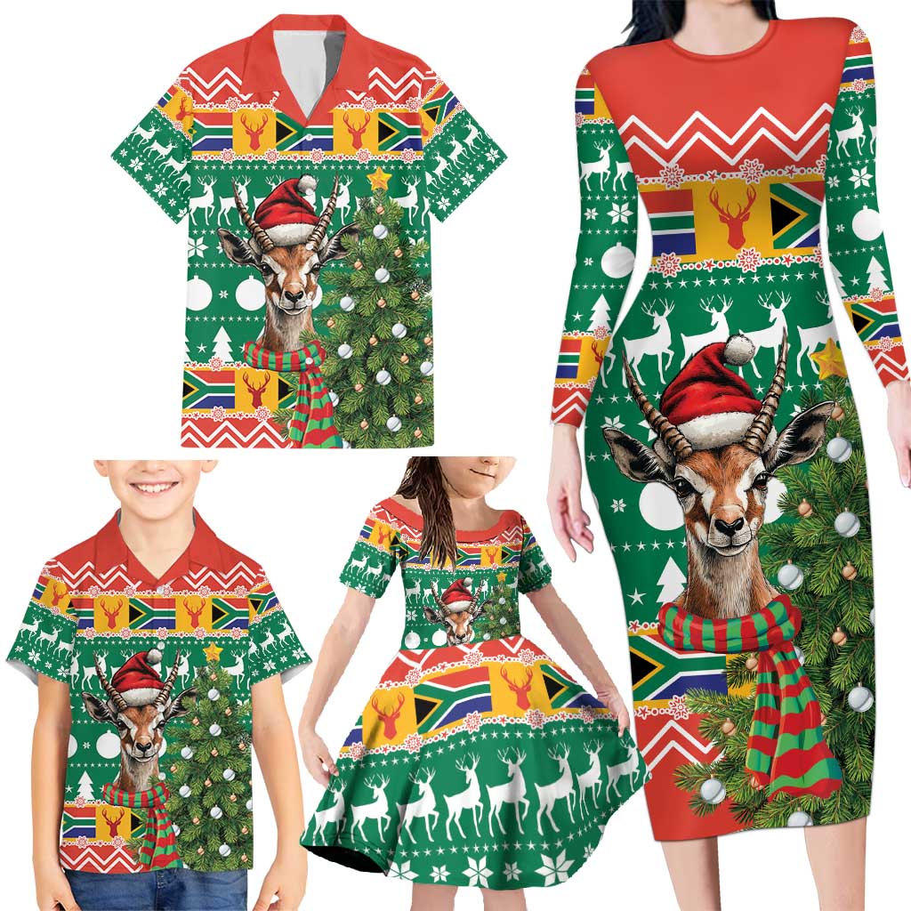 South Africa Christmas Family Matching Long Sleeve Bodycon Dress and Hawaiian Shirt Springbok With Christmas Tree - Wonder Print Shop