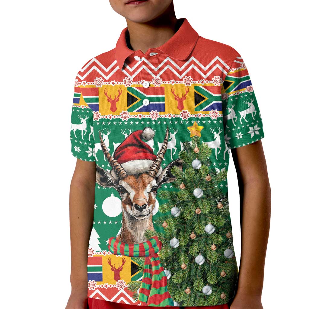 South Africa Christmas Kid Polo Shirt Springbok With Christmas Tree - Wonder Print Shop