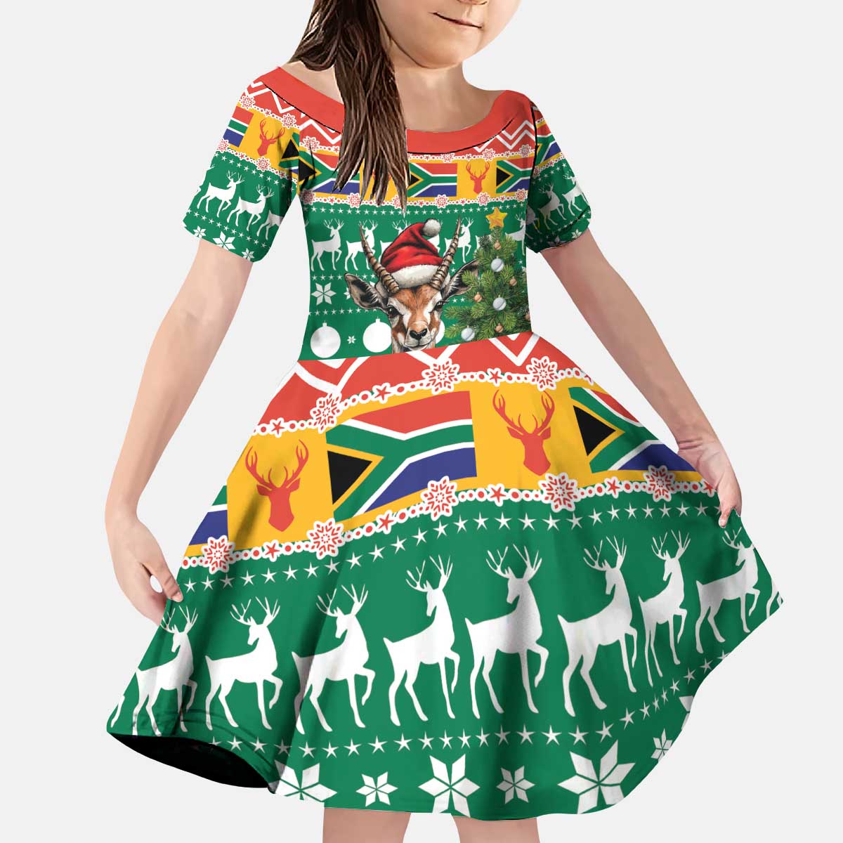 South Africa Christmas Kid Short Sleeve Dress Springbok With Christmas Tree - Wonder Print Shop