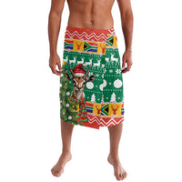 Green Christmas lavalava wrap skirt with reindeer, deer head, tree and striped border