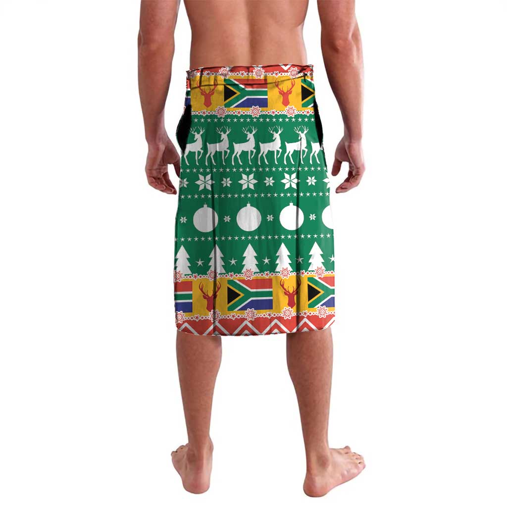 Green Christmas lavalava wrap skirt, back view with reindeer line and tree icons