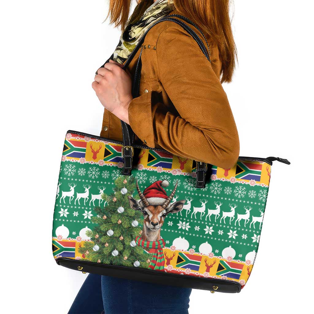 South Africa Christmas Leather Tote Bag Springbok With Christmas Tree - Wonder Print Shop