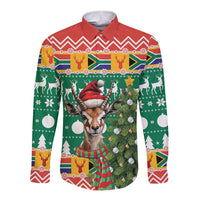 Long-sleeve button shirt with springbok Santa hat, Christmas tree graphic, red collar