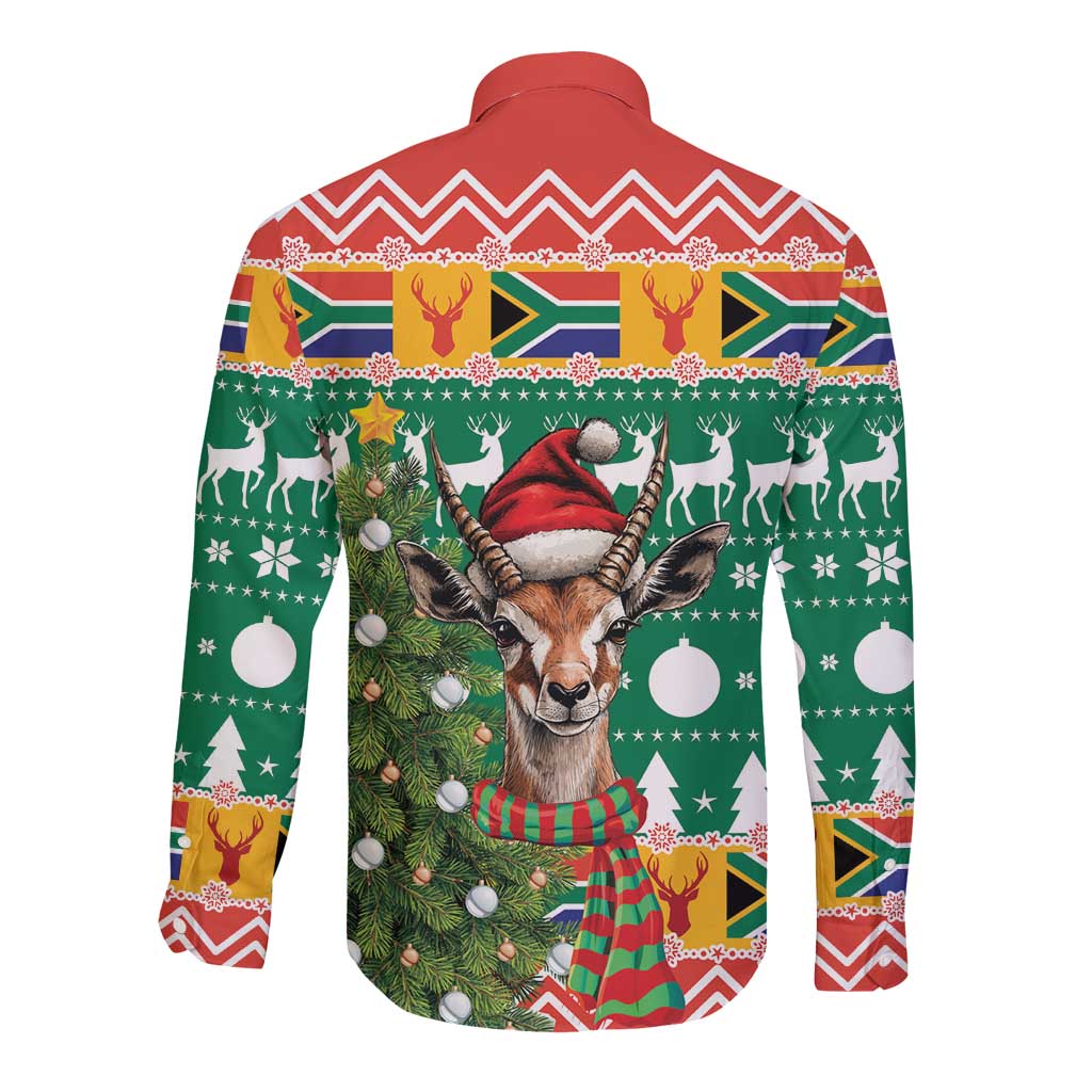 Long-sleeve button shirt with springbok Santa hat and Christmas tree graphic, red collar