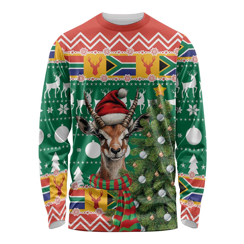 South Africa Christmas Long Sleeve Shirt Springbok With Christmas Tree - Wonder Print Shop