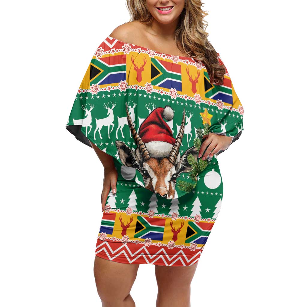 South Africa Christmas Off Shoulder Short Dress Springbok With Christmas Tree - Wonder Print Shop