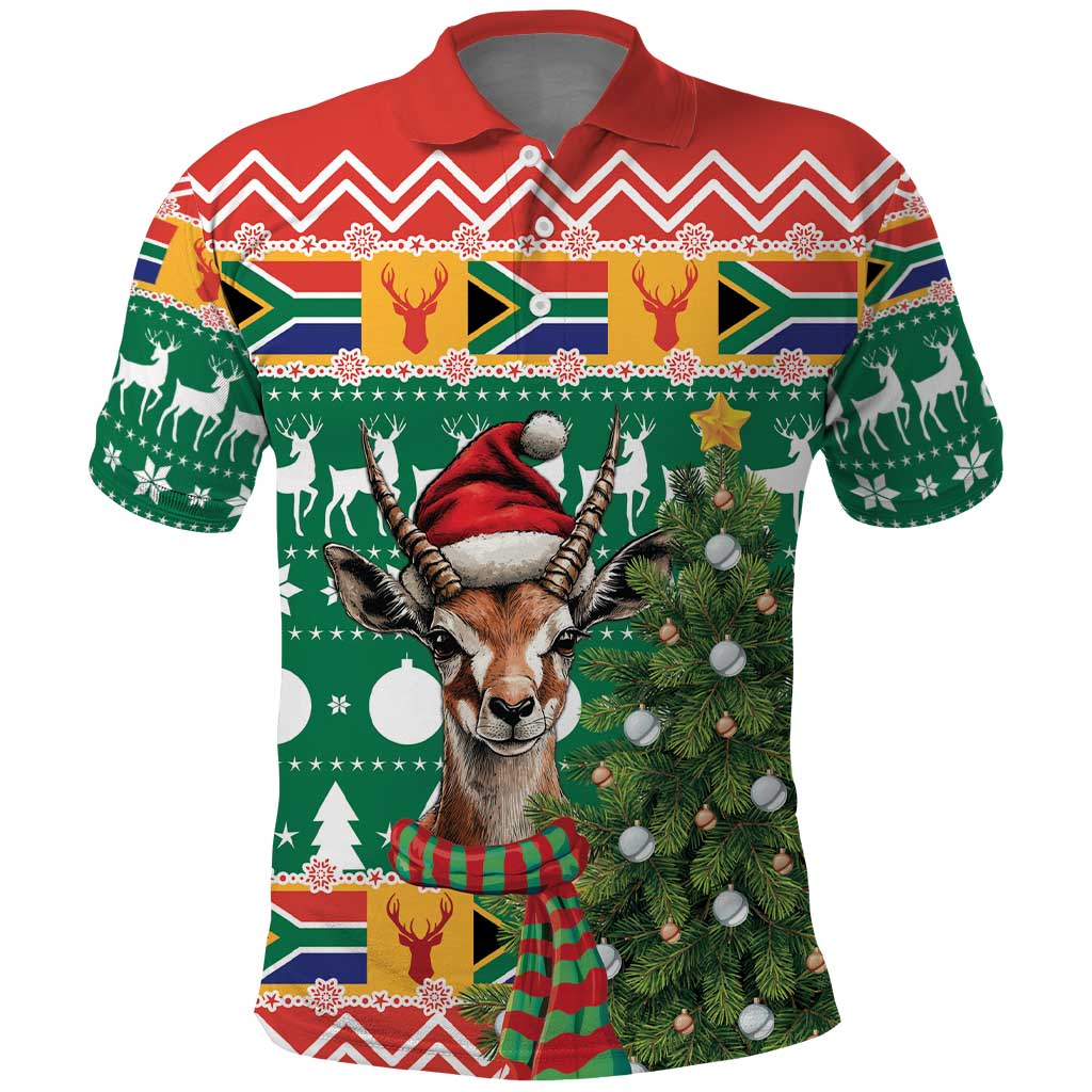 South Africa Christmas Polo Shirt Springbok With Christmas Tree - Wonder Print Shop