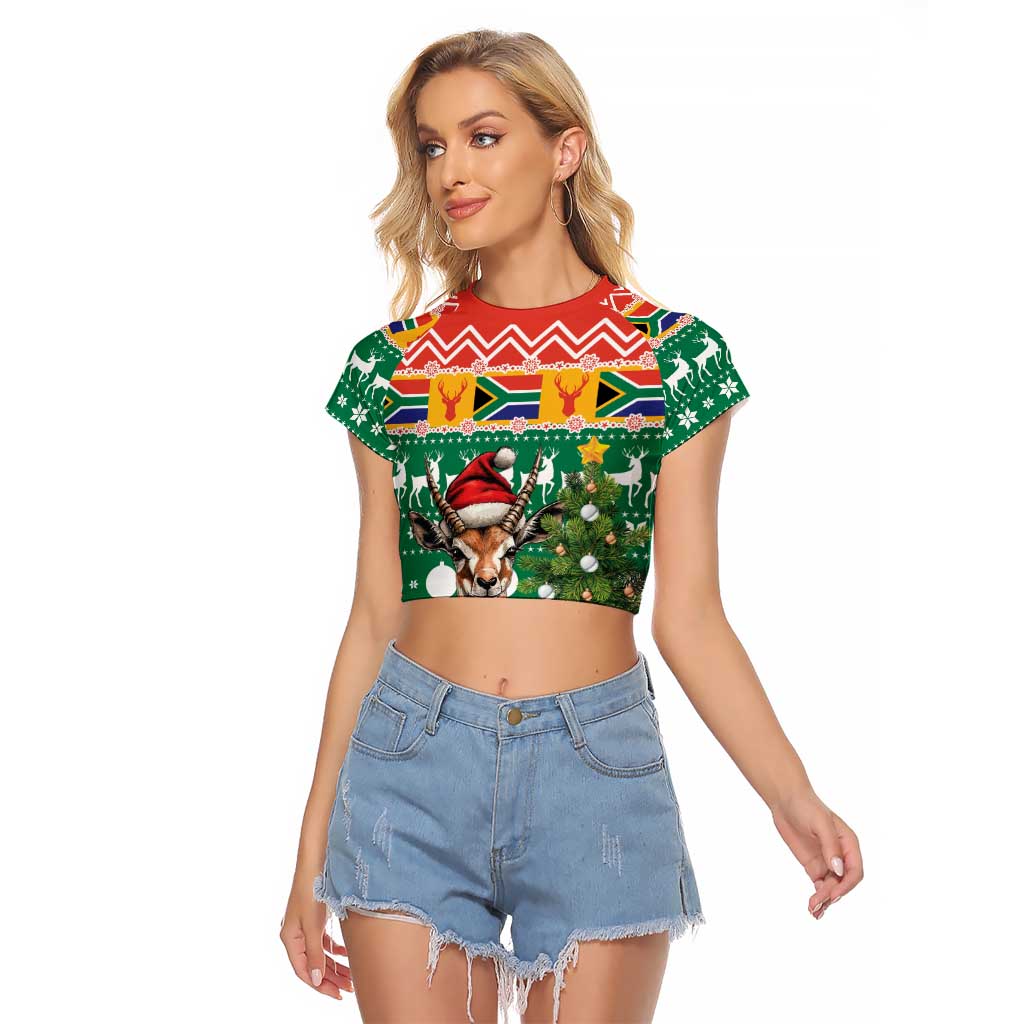 South Africa Christmas Raglan Cropped T Shirt Springbok With Christmas Tree - Wonder Print Shop