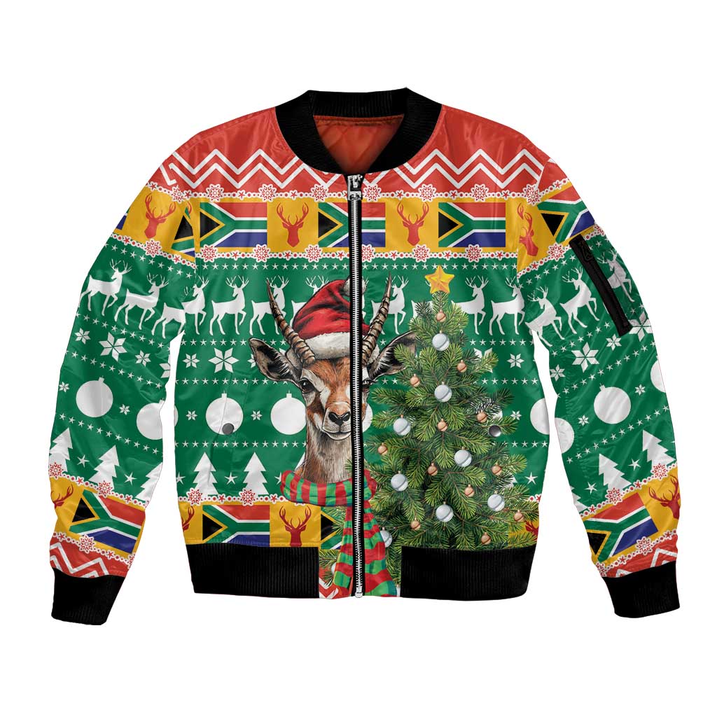 South Africa Christmas Sleeve Zip Bomber Jacket Springbok With Christmas Tree