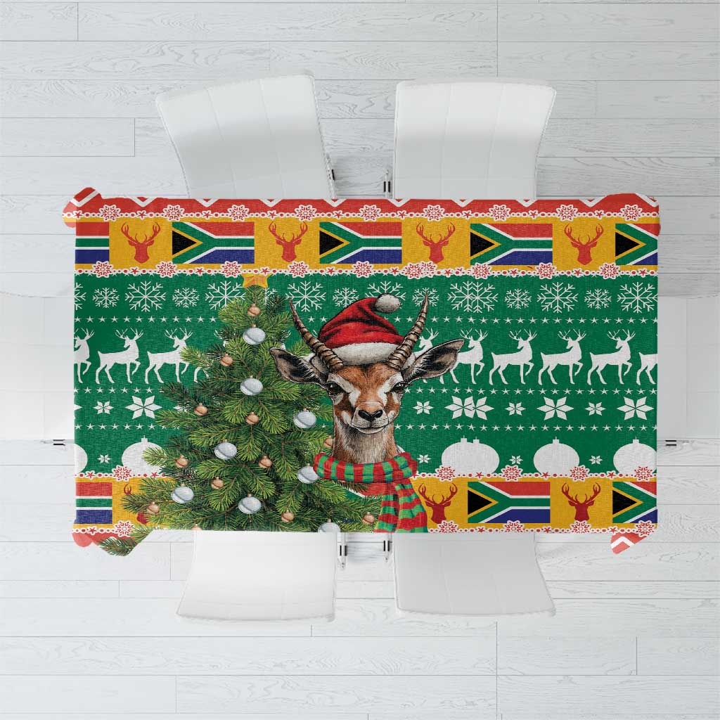 Christmas tablecloth with springbok and South Africa flag pattern, green and red
