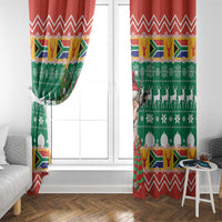 Red and green Christmas window curtain set with zigzag top, springbok and reindeer border