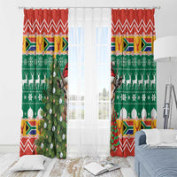 Green holiday curtain pair with red top chevrons, springbok print, candles and garland motif