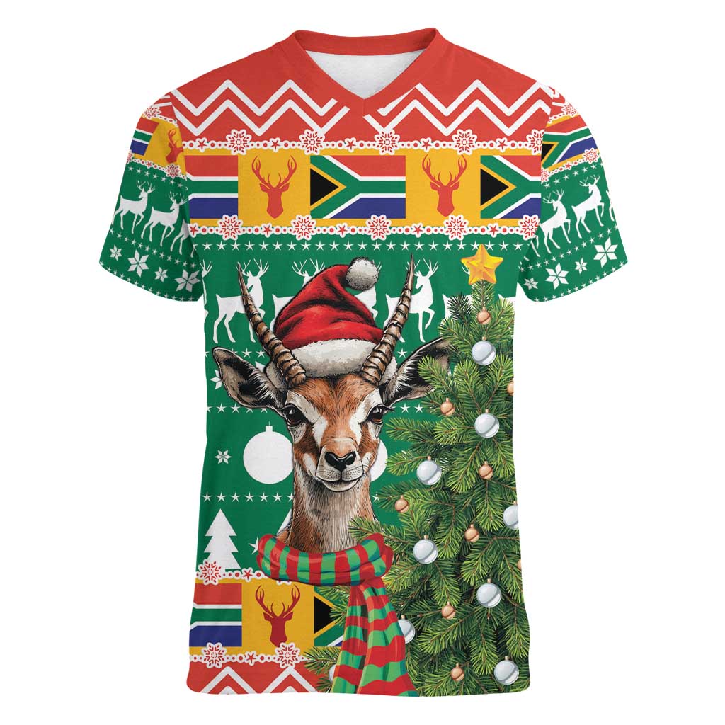 South Africa Christmas Women V-Neck T-Shirt Springbok With Christmas Tree