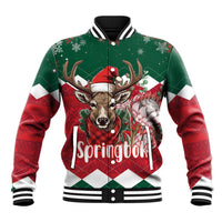 Green and red baseball jacket with reindeer graphic, striped collar, snap front