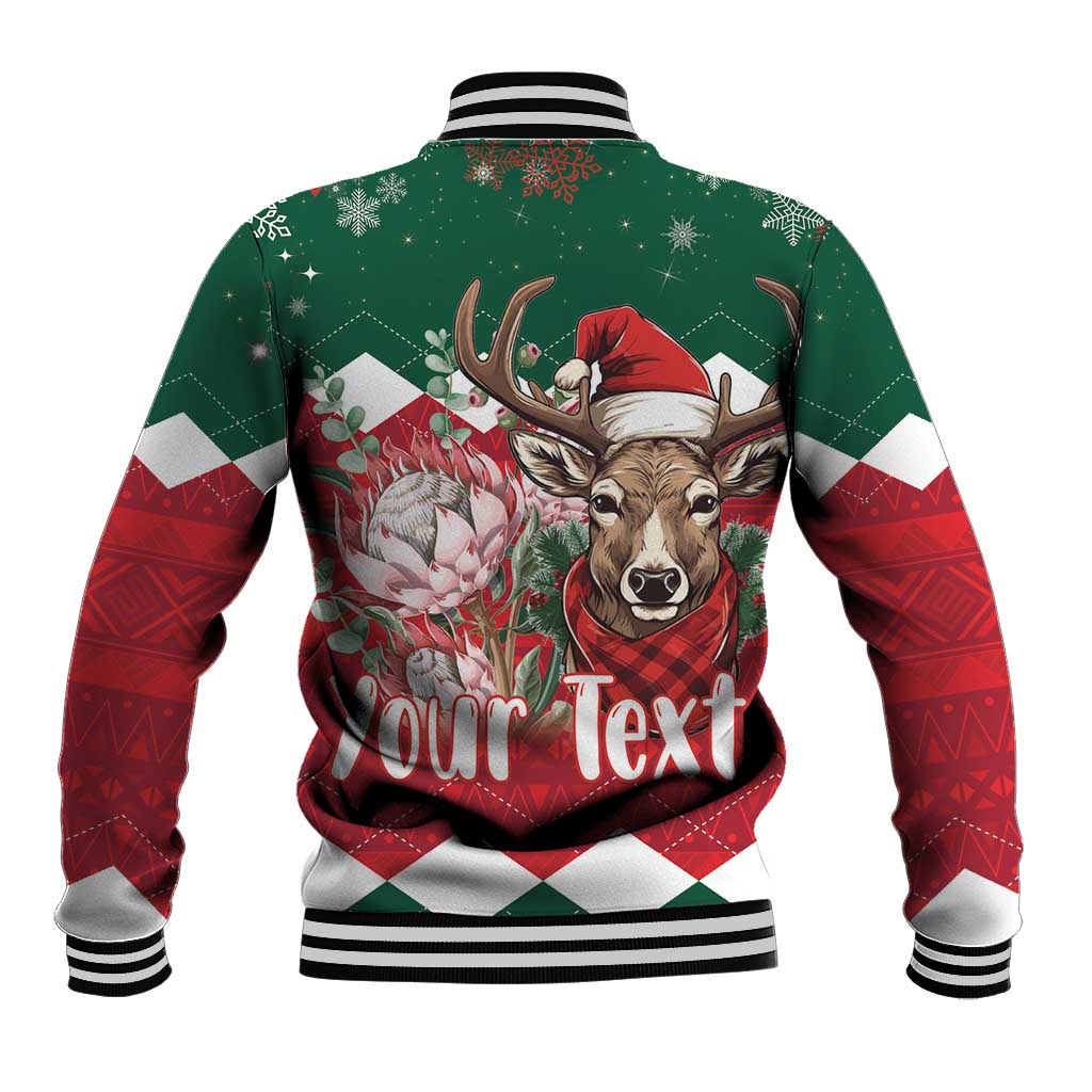 Green and red baseball jacket with back reindeer holiday graphic, striped rib trim