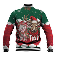 Green and red baseball jacket with back reindeer holiday graphic, striped rib trim