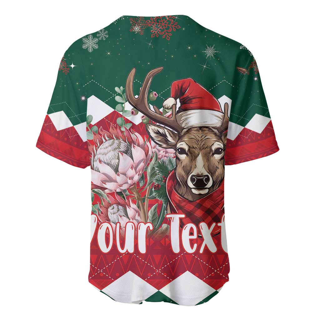 Green baseball jersey with red plaid reindeer and holiday graphic, V-neck buttons