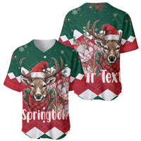 Pair of green V-neck baseball jerseys with reindeer holiday prints and red Springbok text