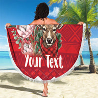 Round beach blanket with fringe, reindeer face on red plaid, 'Your Text' personalization