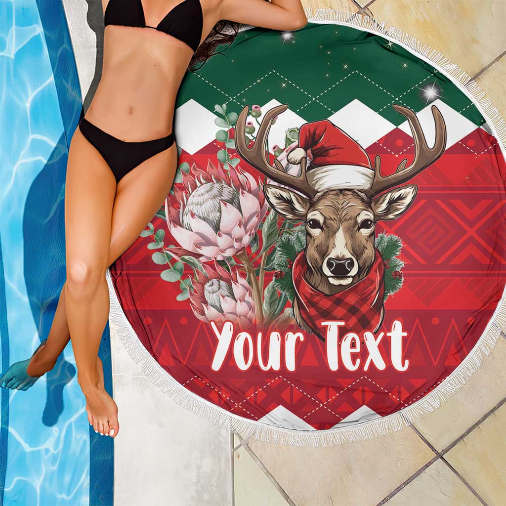 Round beach blanket with fringe, reindeer and flowers, green border with 'Your Text'