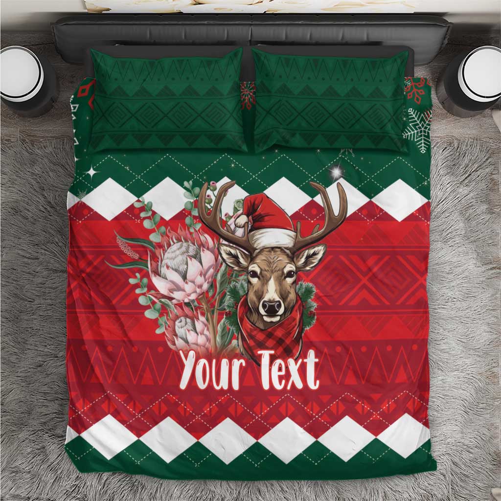 Christmas bedding set with green and red patterned design, deer in Santa hat, “Your Text”