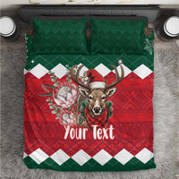 Christmas bedding set with green and red patterned design, deer in Santa hat, “Your Text”