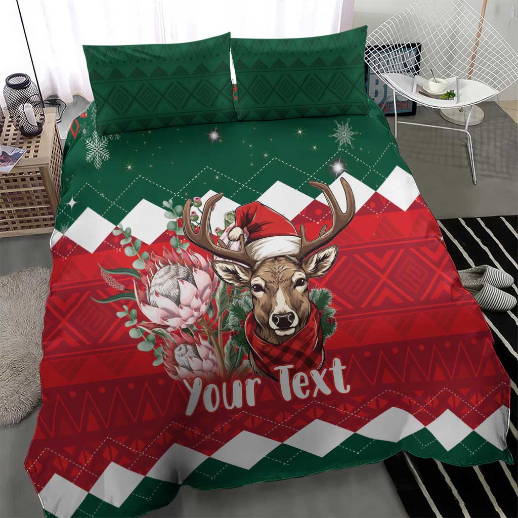 Christmas comforter set with green and red geometric pattern, deer wearing Santa hat, “Your Text”