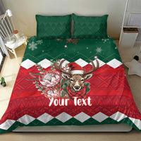 Christmas bedding set with green pillows and red comforter featuring deer, flowers, and “Your Text”