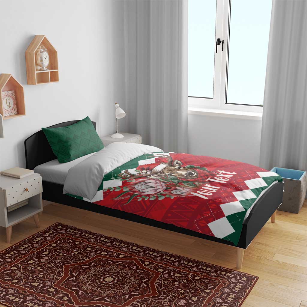 Christmas bedding set with red comforter featuring deer in Santa hat on green and red pattern