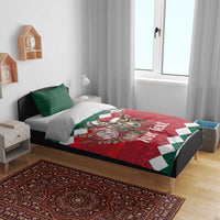 Christmas bedding set with red comforter featuring deer in Santa hat on green and red pattern
