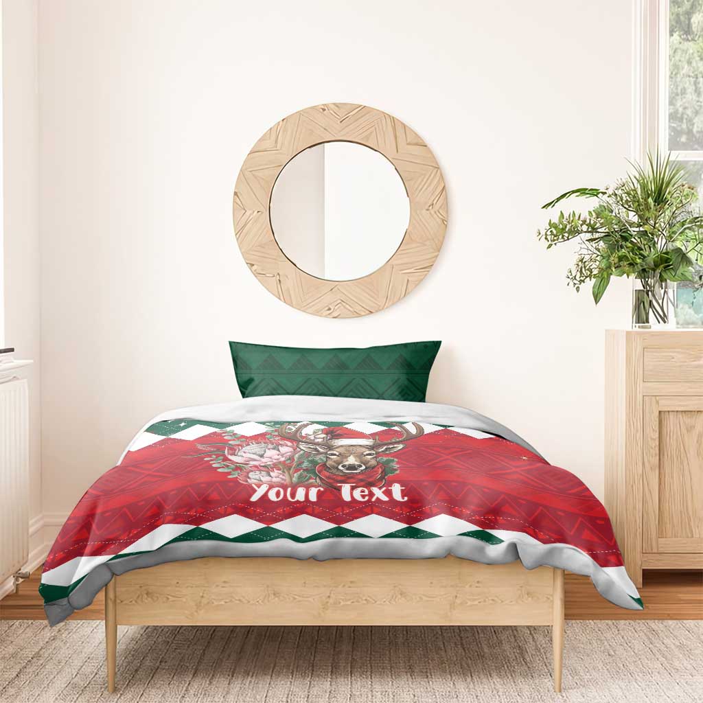 Christmas duvet with red-green deer design, white diamond trim, and 'Your Text'
