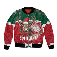 Christmas bomber jacket in red and green with deer graphic and zip front