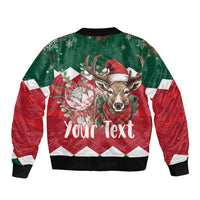 Christmas bomber jacket in red and green with deer graphic and 'Your Text' panel, zip front