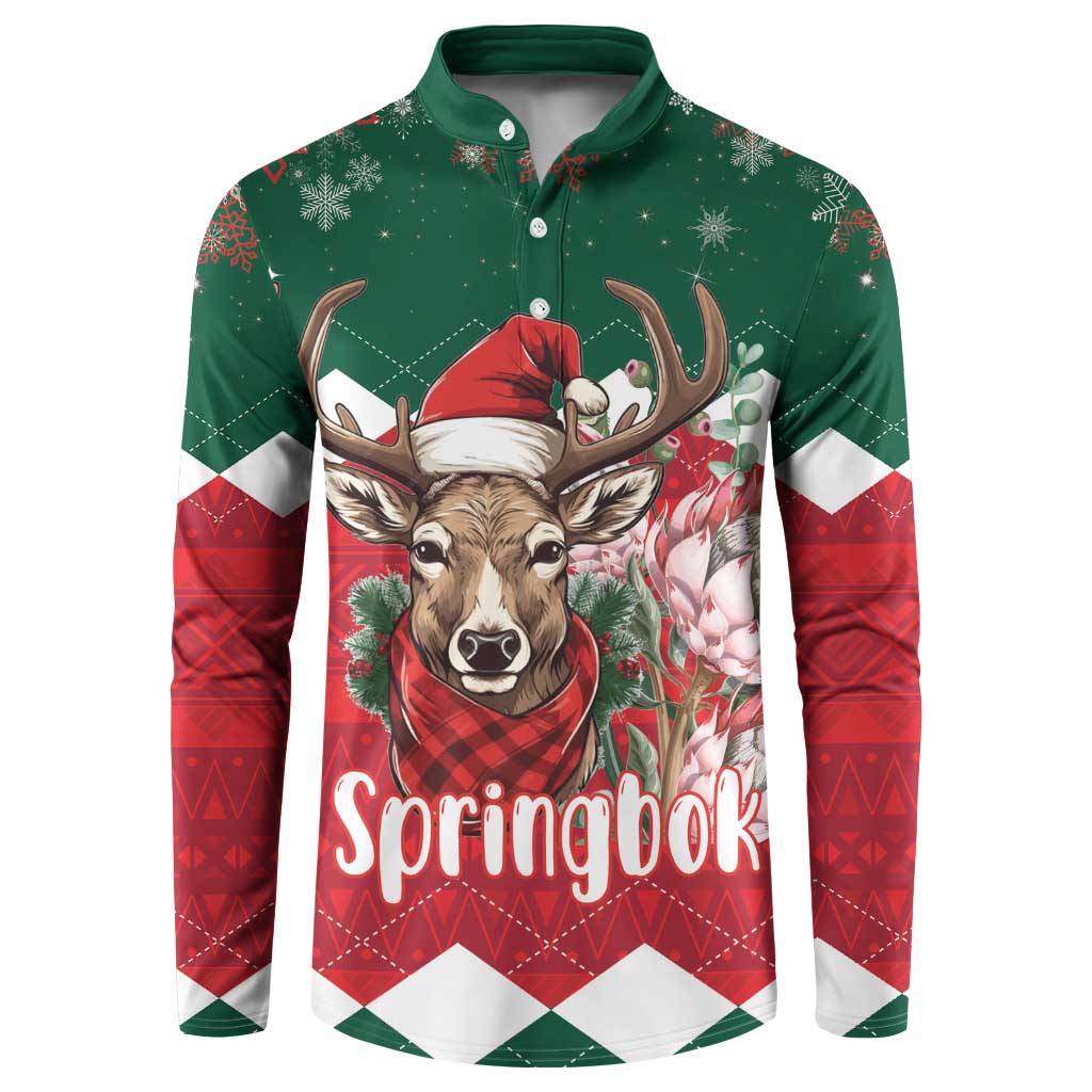 Green and red holiday button sweatshirt with reindeer graphic and patterned trim