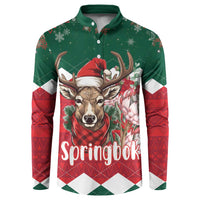 Green and red holiday button sweatshirt with reindeer graphic and patterned trim