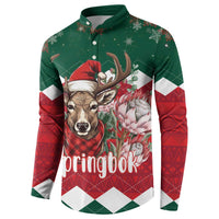 Green holiday button sweatshirt with reindeer, snowflakes, and red/white diamond bands