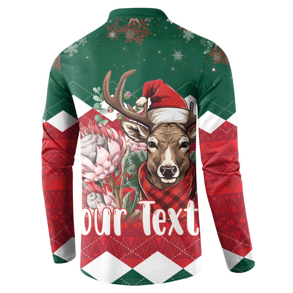 Green and red holiday button sweatshirt with reindeer graphic and 'Your Text' on back