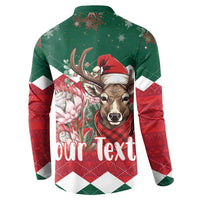 Green and red holiday button sweatshirt with reindeer graphic and 'Your Text' on back