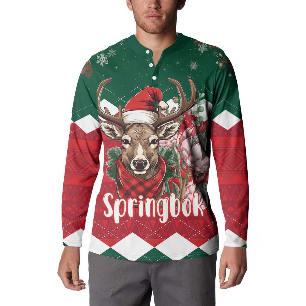 Men's green holiday button sweatshirt with reindeer graphic and red/white diamond panels