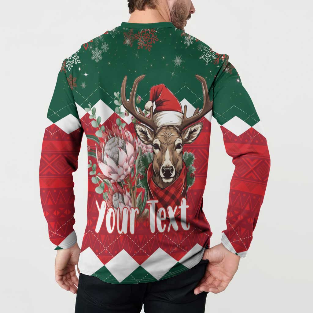 Men's green holiday button sweatshirt with reindeer graphic and 'Your Text' back print