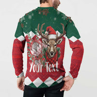 Men's green holiday button sweatshirt with reindeer graphic and 'Your Text' back print